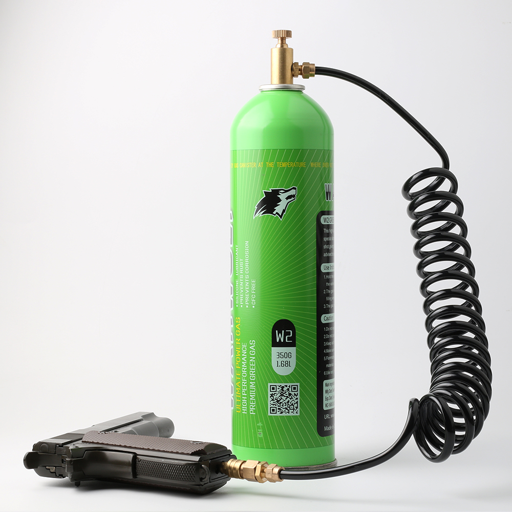 Airsoft gas canisters lined up next to a gas blowback pistol showing pressure variations